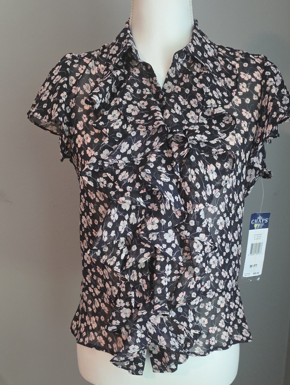 Chaps Black Floral Ruffle Cap-Sleeve Blouse Size MP